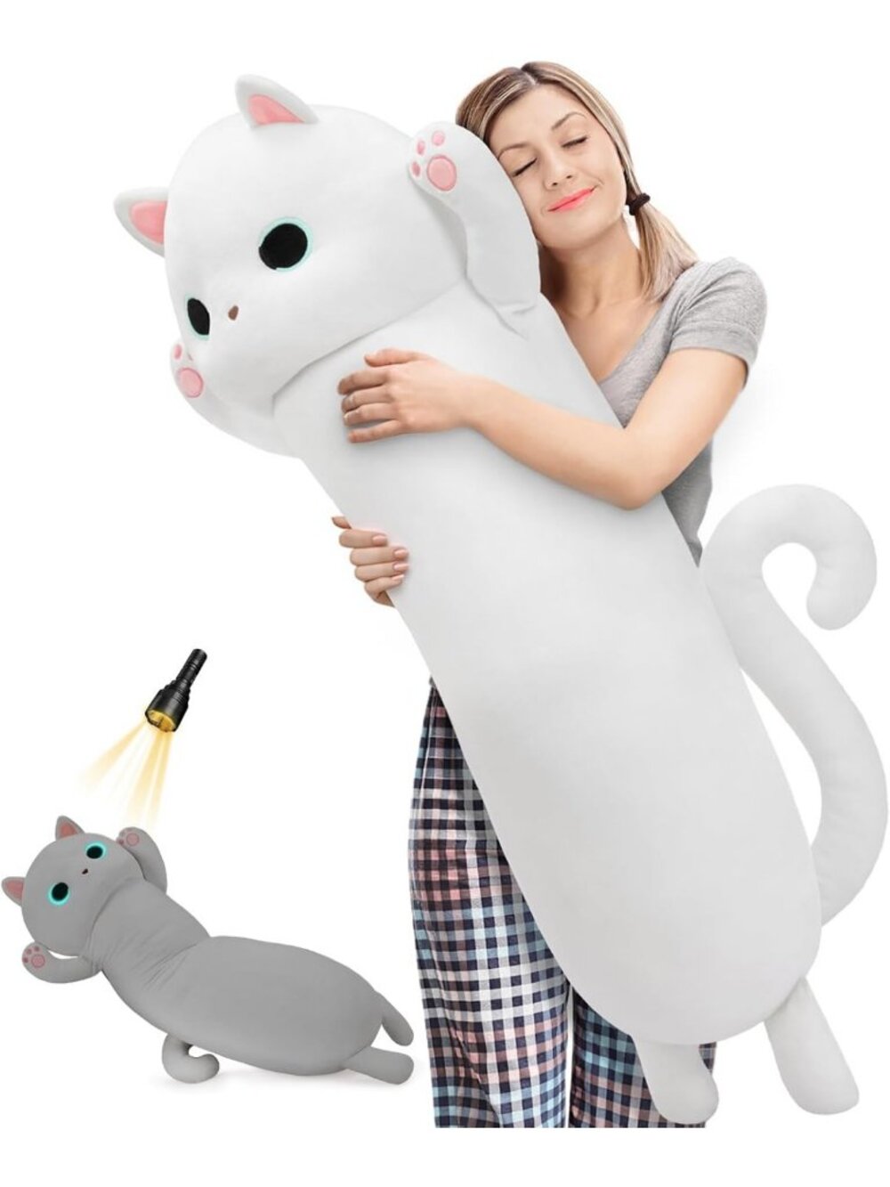 Cozy 44" Cat Plush Body Pillow - Soft & Cuddly for Kids & Adults, White